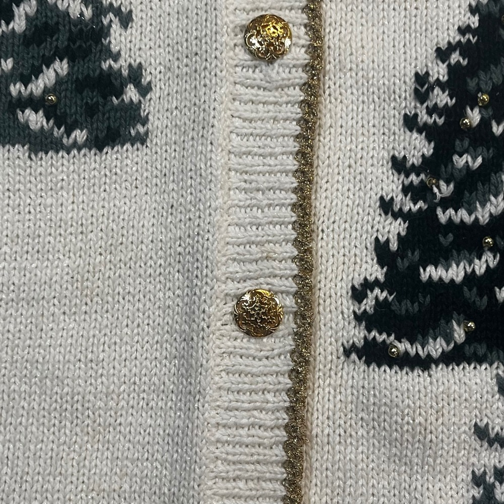 Christopher & Banks Christmas Tree Cardigan Sweater Womens L Cream Gold Beaded - Picture 5 of 10